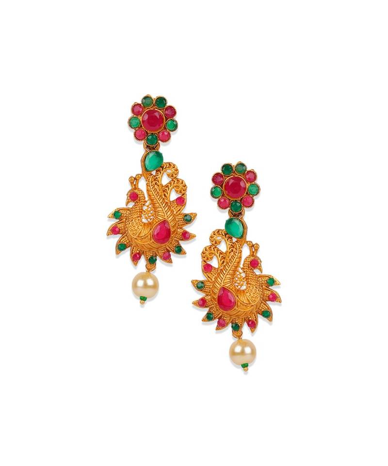 Antique Matte Gold Finish Green Stone Studded Temple Jewellery set