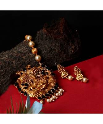 Antique Matte Gold Finish Goddess Laxmi Black Stone Studded Temple Jewellery set 1