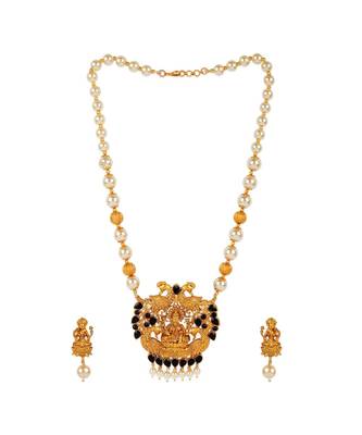 Antique Matte Gold Finish Goddess Laxmi Black Stone Studded Temple Jewellery set 2