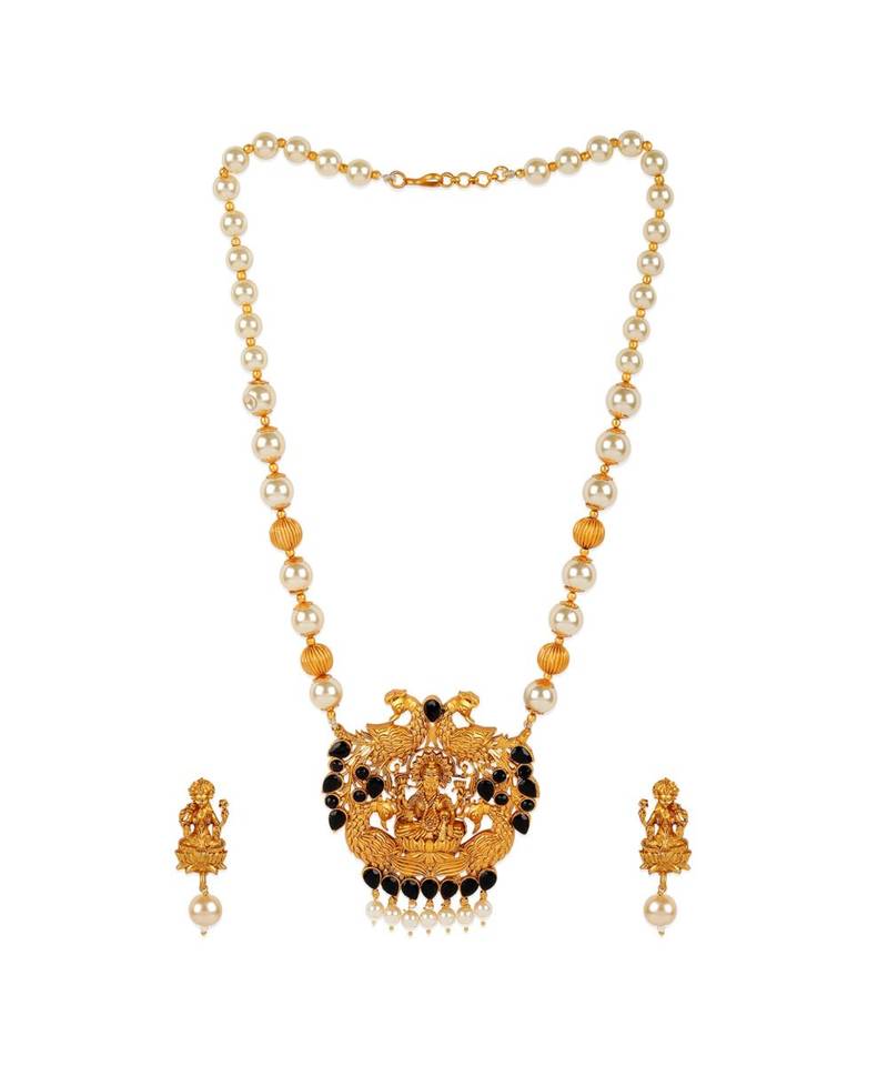 Antique Matte Gold Finish Goddess Laxmi Black Stone Studded Temple Jewellery set