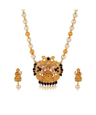 Antique Matte Gold Finish Goddess Laxmi Black Stone Studded Temple Jewellery set 3