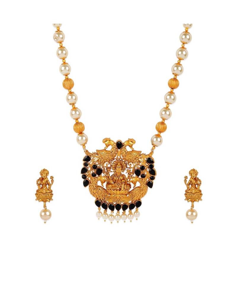 Antique Matte Gold Finish Goddess Laxmi Black Stone Studded Temple Jewellery set