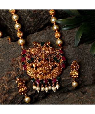 Antique Matte Gold Finish Goddess Laxmi Green Stone Studded Temple Jewellery set 1