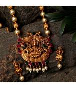 Antique Matte Gold Finish Goddess Laxmi Green Stone Studded Temple Jewellery set