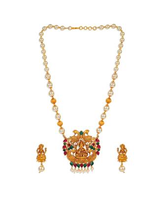 Antique Matte Gold Finish Goddess Laxmi Green Stone Studded Temple Jewellery set 2