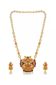 Antique Matte Gold Finish Goddess Laxmi Green Stone Studded Temple Jewellery set