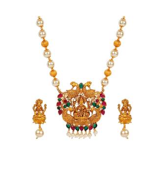 Antique Matte Gold Finish Goddess Laxmi Green Stone Studded Temple Jewellery set 3