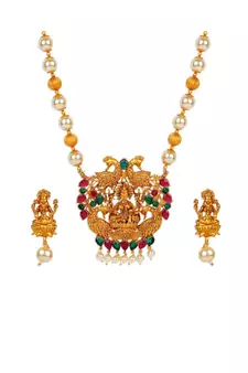 Antique Matte Gold Finish Goddess Laxmi Green Stone Studded Temple Jewellery set
