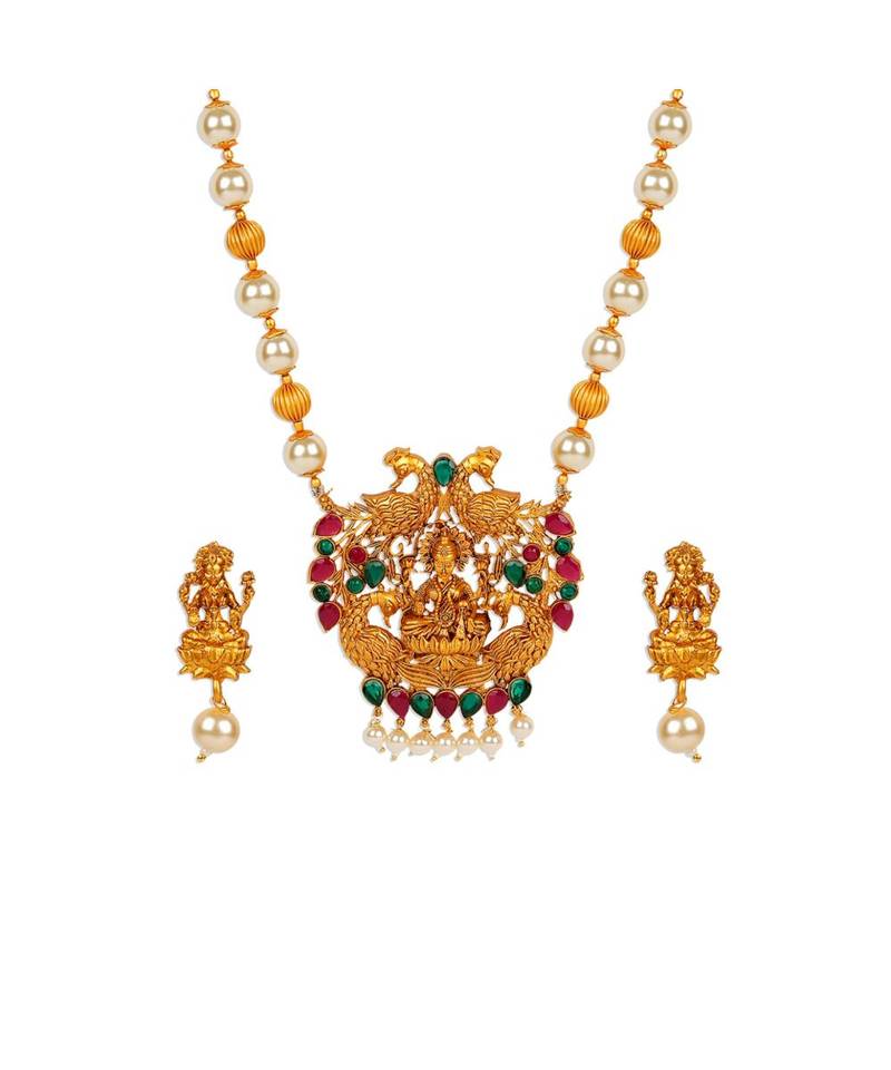 Antique Matte Gold Finish Goddess Laxmi Green Stone Studded Temple Jewellery set