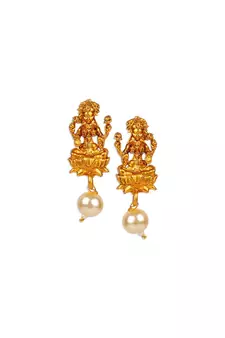 Antique Matte Gold Finish Goddess Laxmi Green Stone Studded Temple Jewellery set