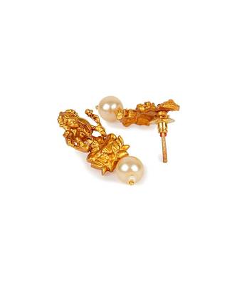 Antique Matte Gold Finish Goddess Laxmi Green Stone Studded Temple Jewellery set 5