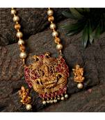 Antique Matte Gold Finish Goddess Laxmi Maroon Stone Studded Temple Jewellery set