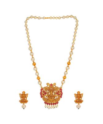 Antique Matte Gold Finish Goddess Laxmi Maroon Stone Studded Temple Jewellery set 2