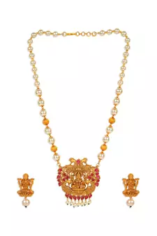 Antique Matte Gold Finish Goddess Laxmi Maroon Stone Studded Temple Jewellery set