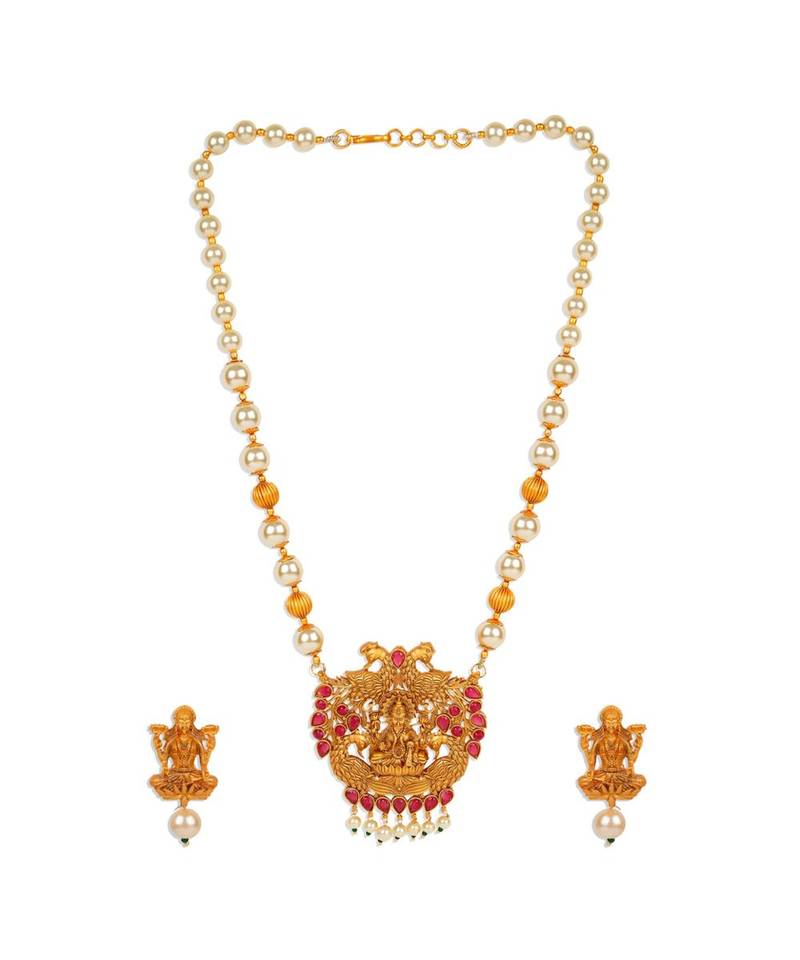 Antique Matte Gold Finish Goddess Laxmi Maroon Stone Studded Temple Jewellery set