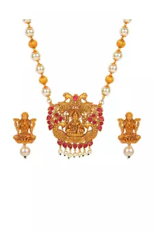 Antique Matte Gold Finish Goddess Laxmi Maroon Stone Studded Temple Jewellery set
