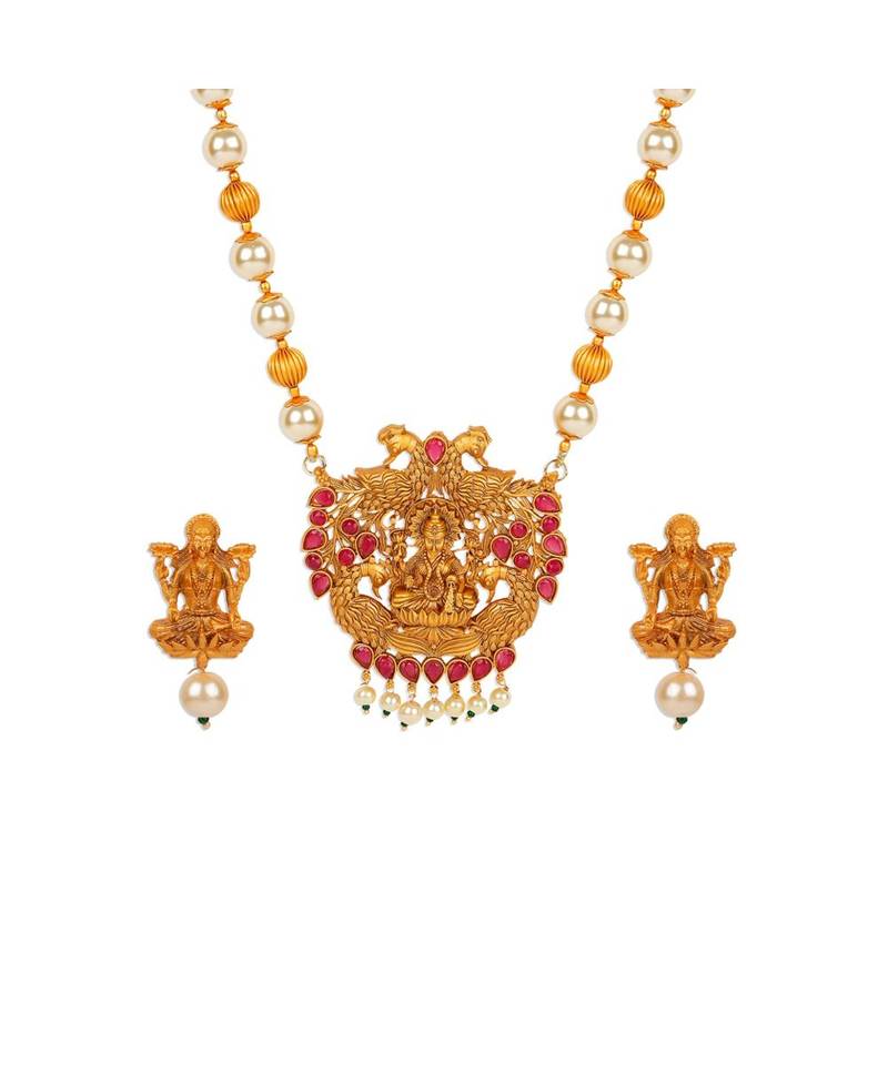 Antique Matte Gold Finish Goddess Laxmi Maroon Stone Studded Temple Jewellery set