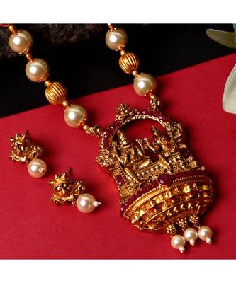 Antique Matte Gold Finish Maroon Stone Studded Temple Jewellery set 1