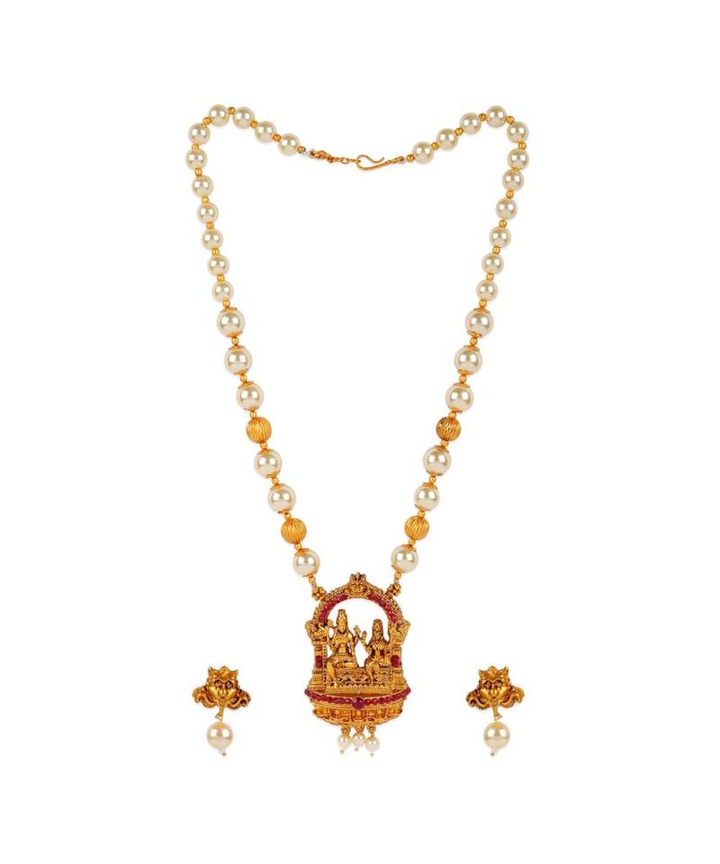 Antique Matte Gold Finish Maroon Stone Studded Temple Jewellery set