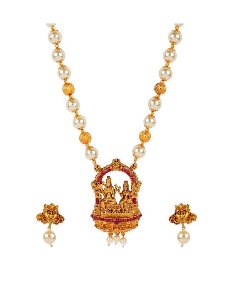Antique Matte Gold Finish Maroon Stone Studded Temple Jewellery set
