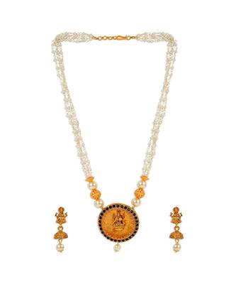 Antique Matte Gold Finish Goddess Laxmi Black Stone Studded Temple Jewellery set 2
