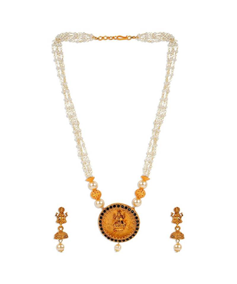Antique Matte Gold Finish Goddess Laxmi Black Stone Studded Temple Jewellery set