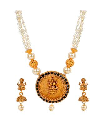 Antique Matte Gold Finish Goddess Laxmi Black Stone Studded Temple Jewellery set 3