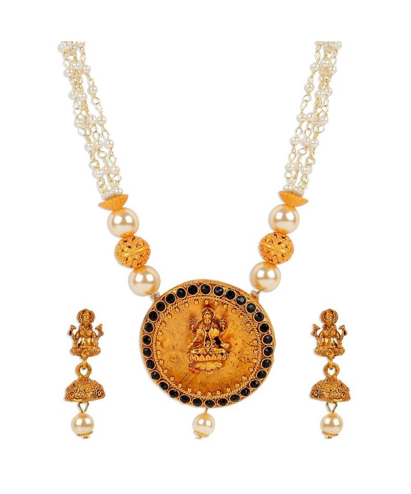 Antique Matte Gold Finish Goddess Laxmi Black Stone Studded Temple Jewellery set