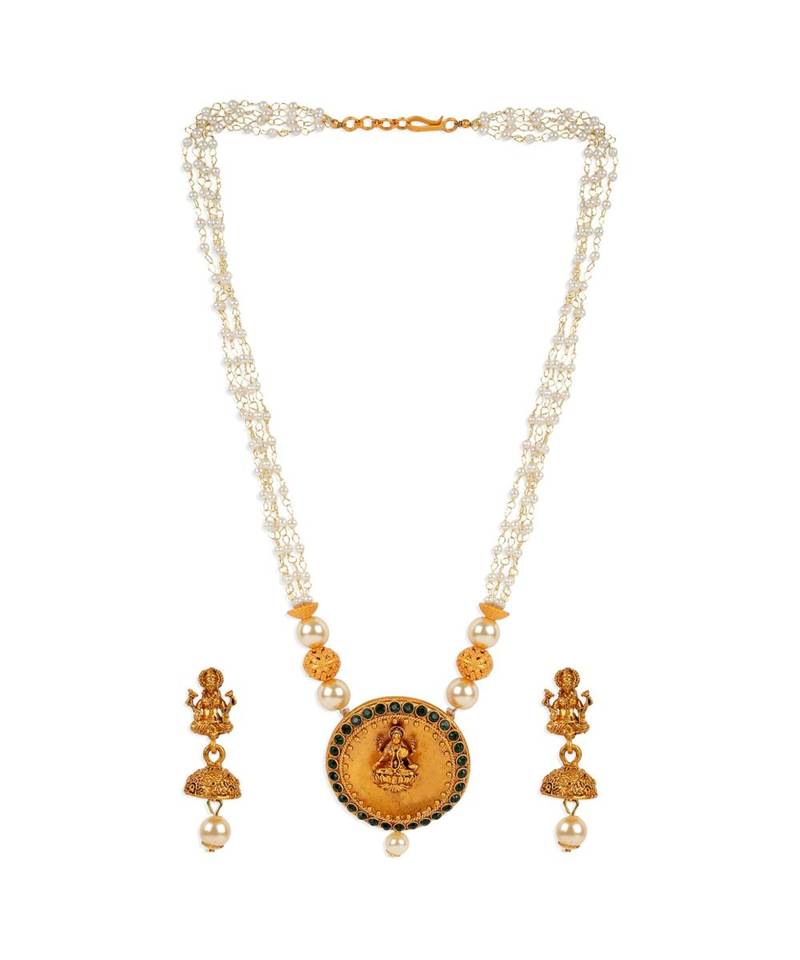 Antique Matte Gold Finish Goddess Laxmi Green Stone Studded Temple Jewellery set