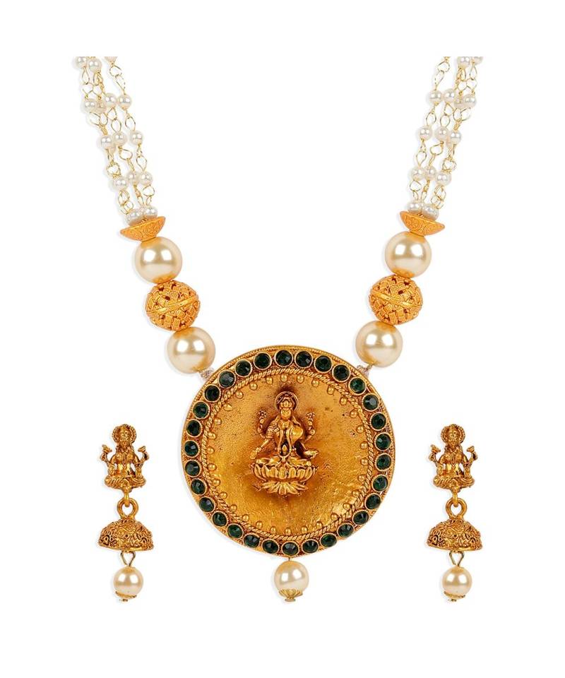 Antique Matte Gold Finish Goddess Laxmi Green Stone Studded Temple Jewellery set