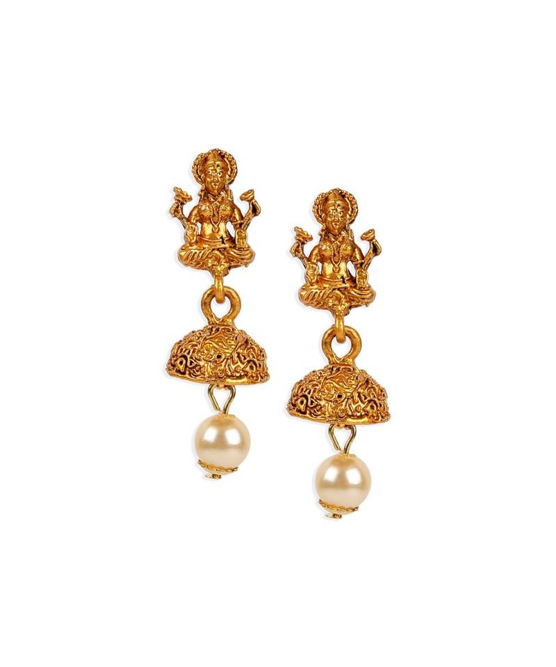 Antique Matte Gold Finish Goddess Laxmi Green Stone Studded Temple Jewellery set