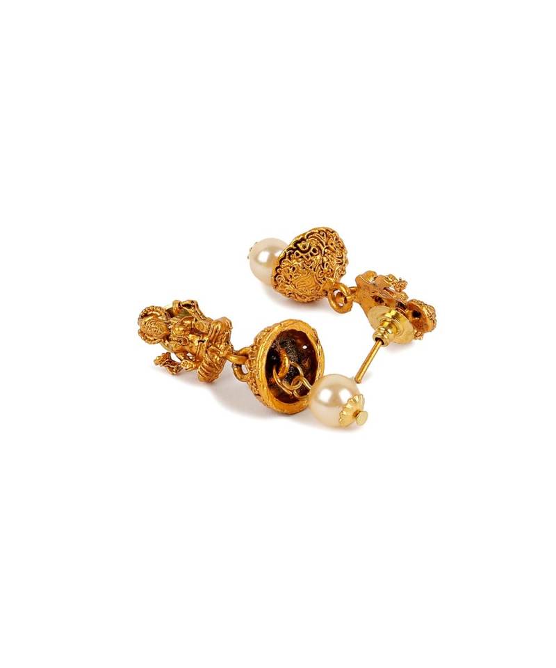 Antique Matte Gold Finish Goddess Laxmi Green Stone Studded Temple Jewellery set