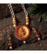 Antique Matte Gold Finish Goddess Laxmi Maroon Stone Studded Temple Jewellery set