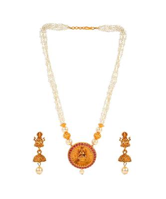 Antique Matte Gold Finish Goddess Laxmi Maroon Stone Studded Temple Jewellery set 2