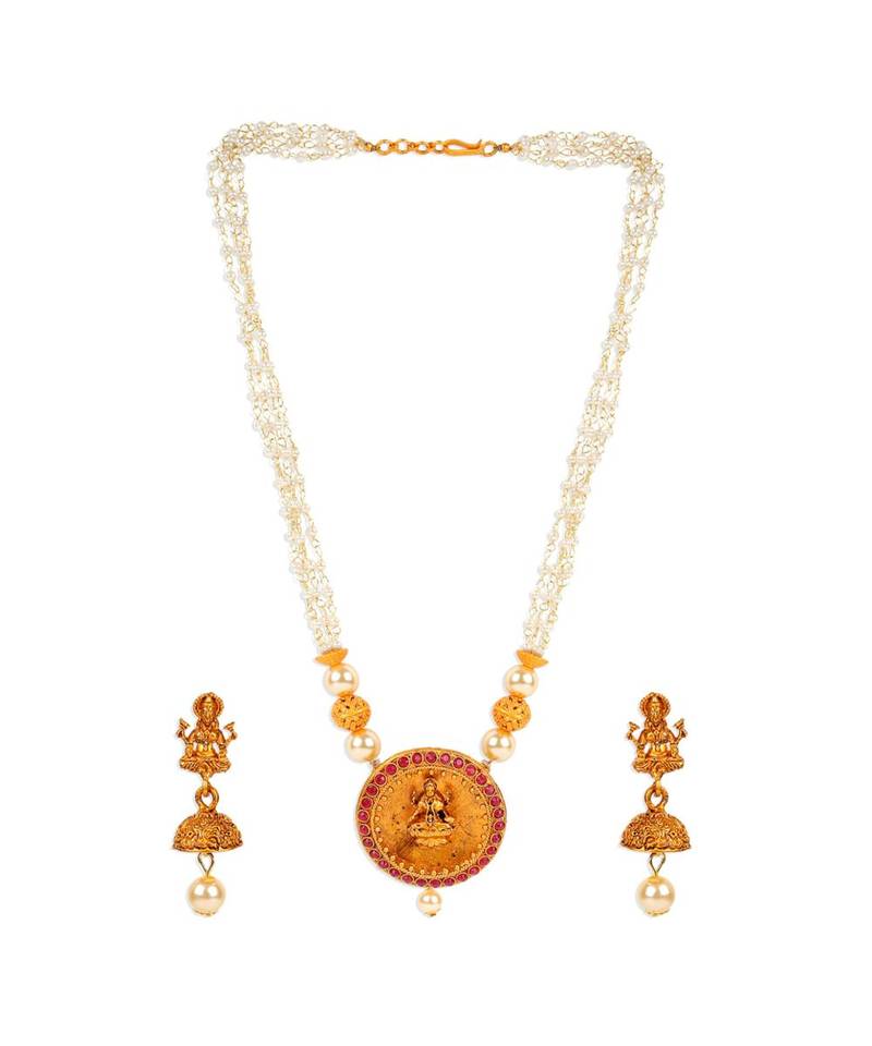 Antique Matte Gold Finish Goddess Laxmi Maroon Stone Studded Temple Jewellery set