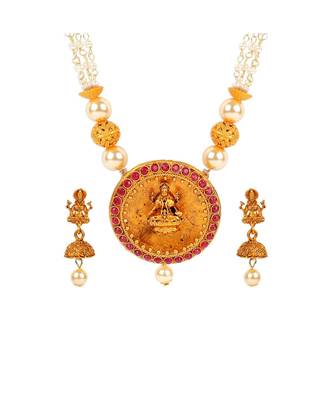Antique Matte Gold Finish Goddess Laxmi Maroon Stone Studded Temple Jewellery set 3