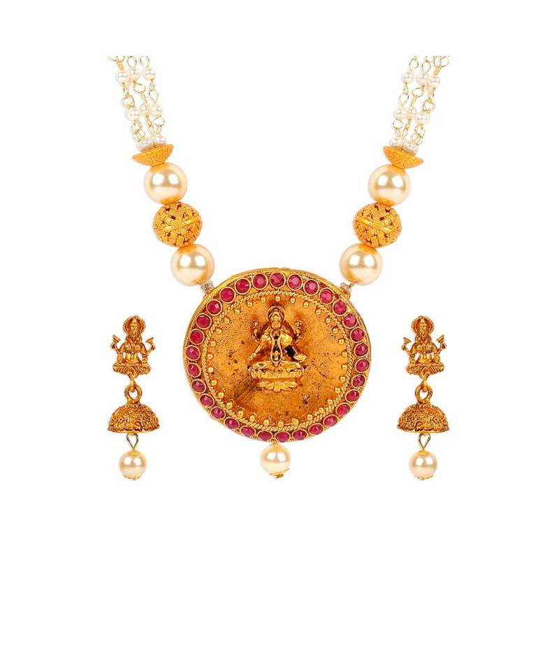 Antique Matte Gold Finish Goddess Laxmi Maroon Stone Studded Temple Jewellery set