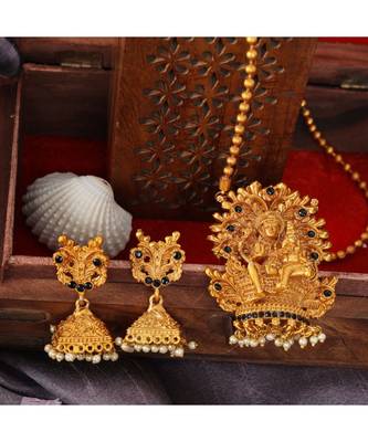 Antique Matte Gold Finish Blue Stone Studded Temple Jewellery set 1