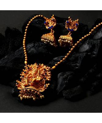 Antique Matte Gold Finish Blue Stone Studded Temple Jewellery set 1