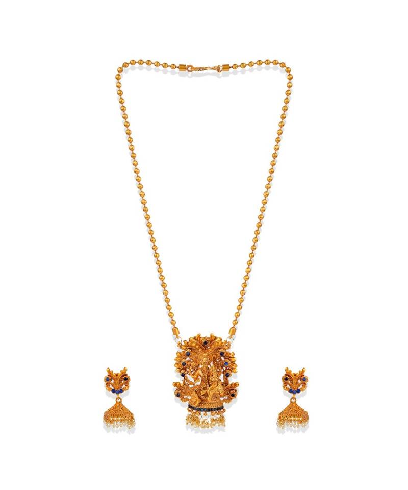 Antique Matte Gold Finish Blue Stone Studded Temple Jewellery set