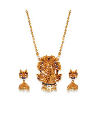 Antique Matte Gold Finish Blue Stone Studded Temple Jewellery set 3