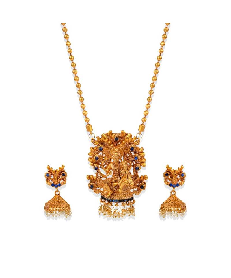 Antique Matte Gold Finish Blue Stone Studded Temple Jewellery set