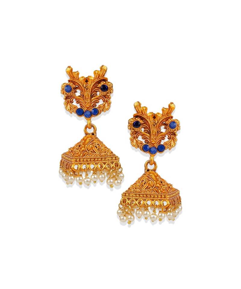 Antique Matte Gold Finish Blue Stone Studded Temple Jewellery set