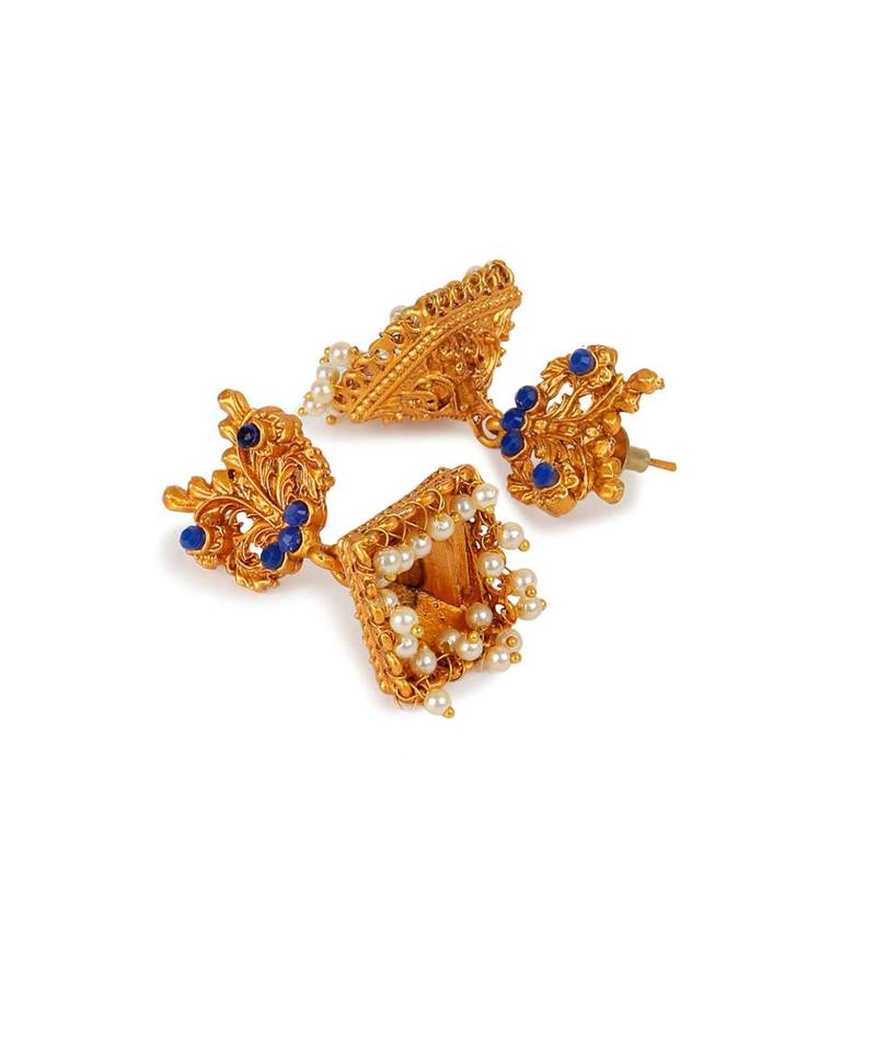 Antique Matte Gold Finish Blue Stone Studded Temple Jewellery set