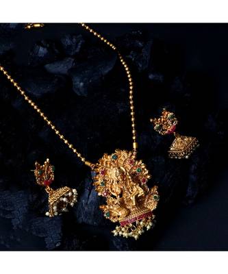 Antique Matte Gold Finish Green Stone Studded Temple Jewellery set 1