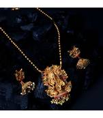 Antique Matte Gold Finish Green Stone Studded Temple Jewellery set