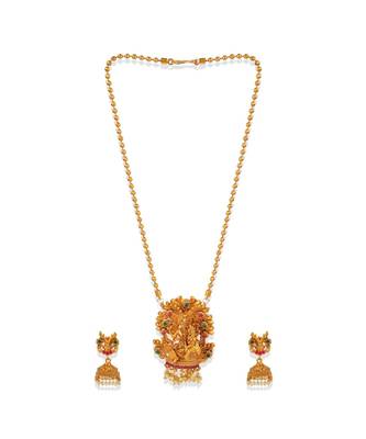 Antique Matte Gold Finish Green Stone Studded Temple Jewellery set 2