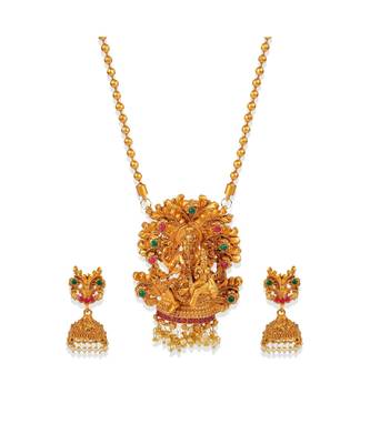 Antique Matte Gold Finish Green Stone Studded Temple Jewellery set 3