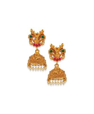 Antique Matte Gold Finish Green Stone Studded Temple Jewellery set 4
