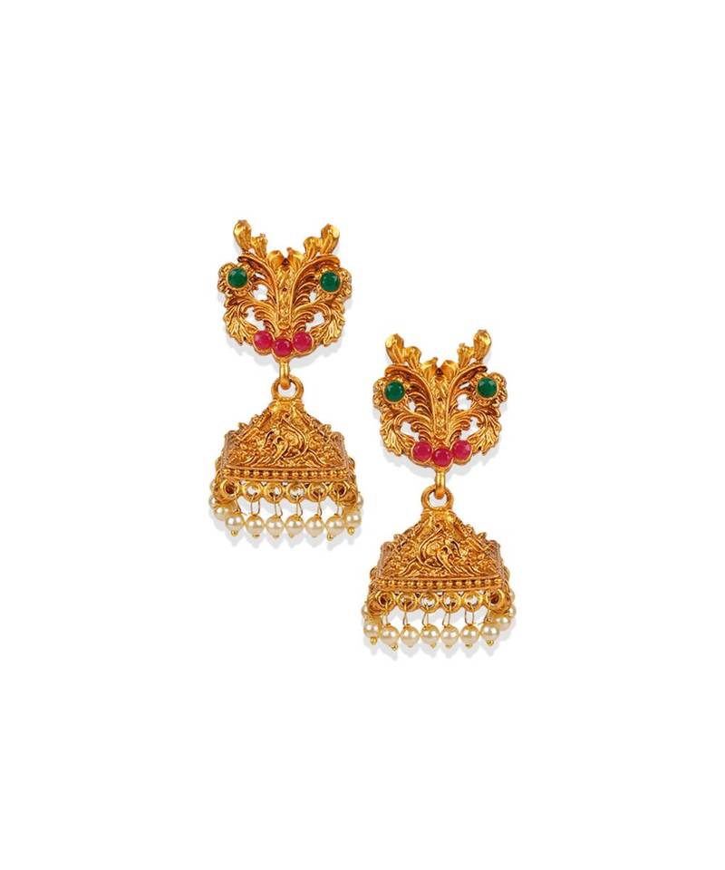 Antique Matte Gold Finish Green Stone Studded Temple Jewellery set